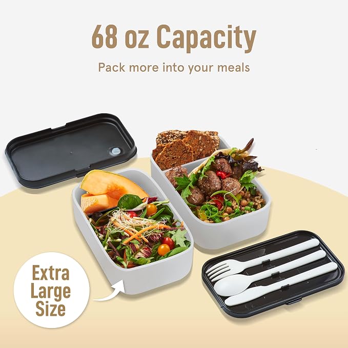 Double Premium Bento Box Adult, 67oz, Stackable, Meal Prep, Cream | 67 oz Capacity, Stackable Containers, Leak-Proof Design, Includes Dividers, Great for Meal Prep, Office Lunchbox