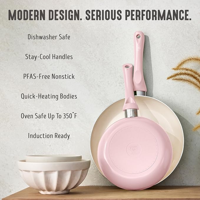 GreenLife 2 Piece (8" & 10") Ceramic Nonstick Skillet Set, Blush Pink | PFAS-Free Nonstick Coating, Frying Pans, Omelet Pans, Everyday Pan, Induction Ready, All Stovetop Compatible, Dishwasher Safe