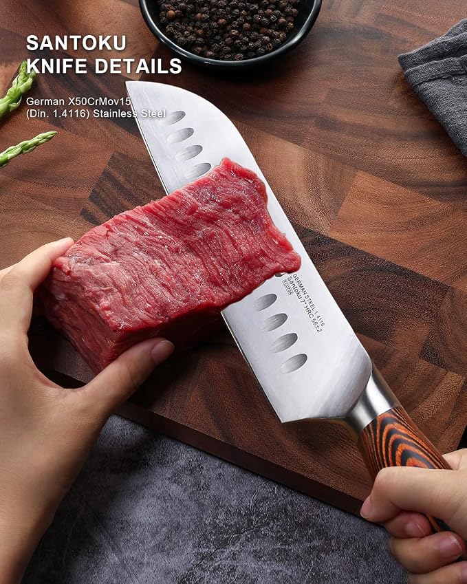 TUO Santoku Knife, 7 inch Japanese Chef Knife for Vegetable Chopping & Meat Dicing, High Carbon German Steel, Ergonomic Handle - Fiery Phoenix Series