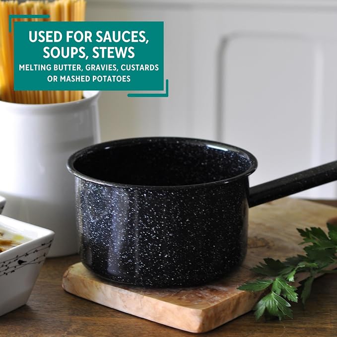 MIRRO 1.25 Qt Enamel Saucepan for Sauces, Black | Compact Size for Efficient Cooking, Smooth Glass Enamel Coating, Comfortable Extended Handle, Versatile for Sauces, Gravies