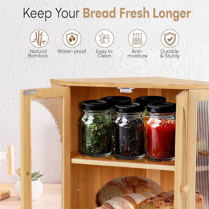 Corner Bread Box for Kitchen Countertop,Double Layer Bread Holder | 3 Adjustable Height, Large Capacity, Magnetic Acrylic Door, Bamboo Bread Storage Container for Homemade Bread, Natural