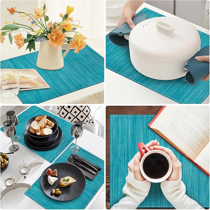 Teal Blue Placemats Set of 6, 12x18 Inch Washable Easy to Clean Heat-Resistant Anti-Skid Teal Blue Placemats for Holiday Party Kitchen Dining Room Decoration