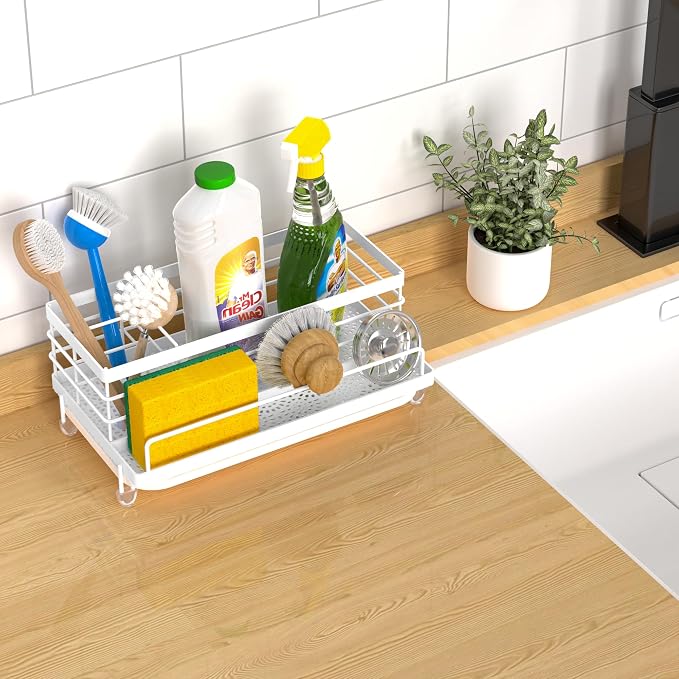 Cisily Sponge Holder for Kitchen, Sink Caddy Organizer, Kitchen Sink Accessories with Drip Tray, Rustproof and Non-slip Kitchen Sink Sponge Holder (White)