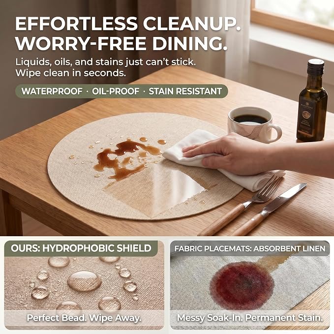 Faux Leather Placemats Set of 6, Wipeable Waterproof Stain Resistant Table Mats, Heat Resistant Thick Placemats with Hand-Painted Edges for Kitchen Dining, Imitative Linen Texture, Various Shapes