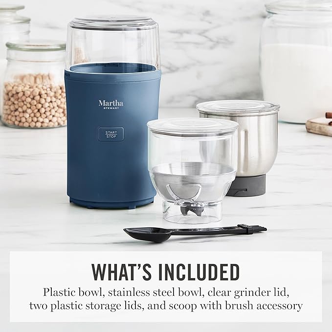 Martha Stewart Electric Coffee & Spice Grinder with Dual Bowls, Indigo Blue | Dual 2.5oz Removable Bowls for Coffee Beans, Nuts, Herbs & Spices, Stainless Steel Blade, One-Touch Pulse Control, Easy Clean