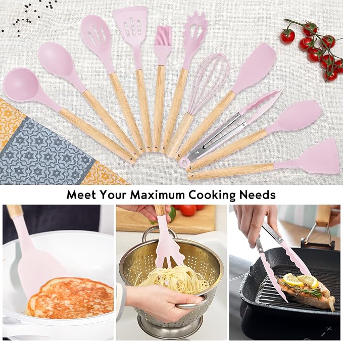 19 PCS Pink Kitchen Cooking Utensils Set Kitchen Tools Set | 6 Stainless Steel Knives, 11 Silicone Utensils with 1 Cutting Board, Ideal for Apartment