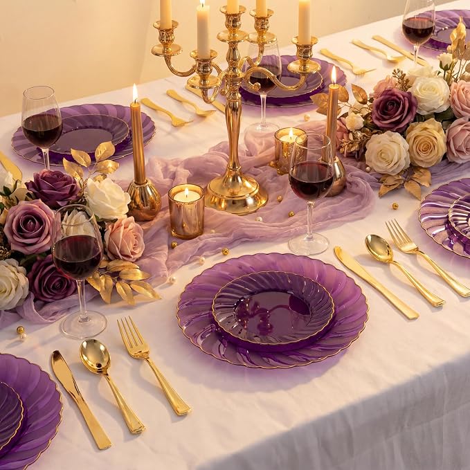 YOUBET 125PCS Clear Purple Plastic Plates with Gold Rim for Wedding | Clear Purple Disposable Plates Include 25 Dinner Plates 25 Dessert Plates 75 Gold Silverwares for Birthday Parties