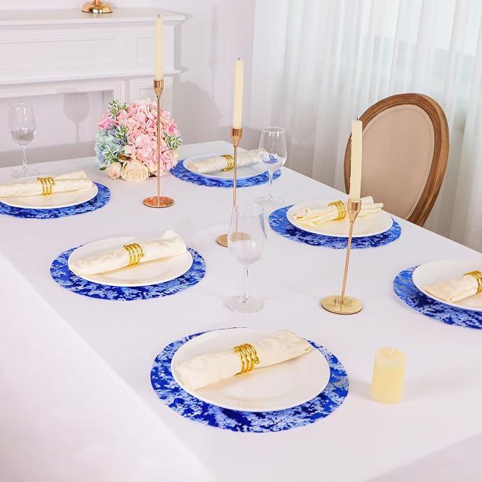 Snowkingdom Disposable Royal Blue Round Placemats Set of 24 Metallic Glitter Foil Mesh Dinning Table Place Mates Blue Doilies 13 Inch for Christmas Wedding Birthday Summer Party Holiday Decorations