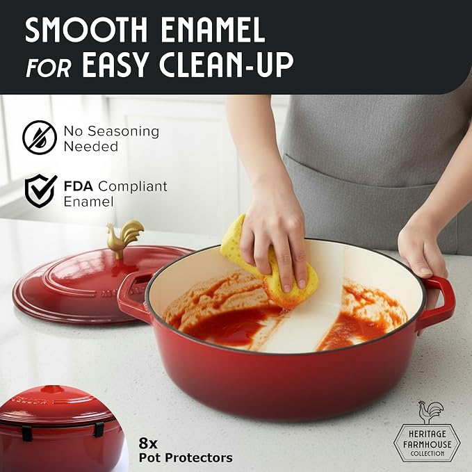 MUELLER HOME 5.5 Quart Enameled Cast Iron Oval Dutch Oven w Rooster Knob & Cotton Potholders, Heavy-Duty Cookware, Oven-Safe up to 500° F & Across All Cooktops, Gifts for Grandma & Women, Red | w Rooster Knob & Cotton Potholders, Heavy-Duty Cookware, O...