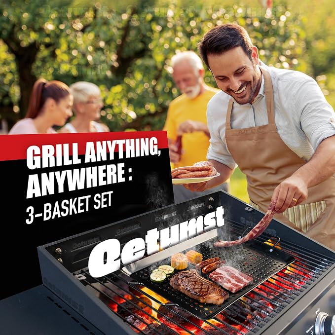 Qetumst 3 Piece Grill Baskets for Outdoor Grill, Vegetable Grilling Pan Set | Heavy duty grilling accessories. Vegetable grill baskets for veggies, seafood & meat. Warp resistant grill pan with handles.