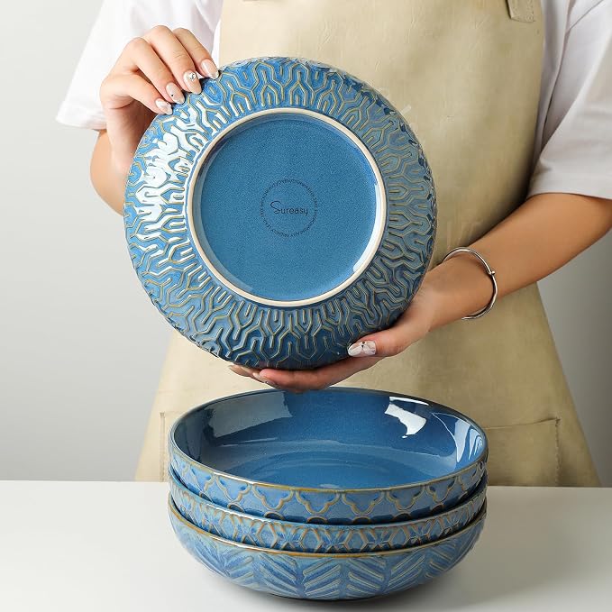 Sureasy Pasta Bowls Set of 4, 30oz Large Embossed Serving Bowl Plates, 8.5 Inch Wide and Shallow Plate Bowls, Microwave, Oven & Dishwasher Safe, Blue
