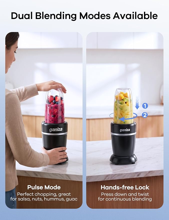 Ganiza Smoothie Blender Max 1300W, Personal Kitchen Blender & Grinder Combo | 23 oz, (2) 37 oz To-Go Cups, 6-Leaf Blade, Portable Maker for Smoothies, Shakes, Frozen Drinks, Sauces, Coffee Beans, Nuts
