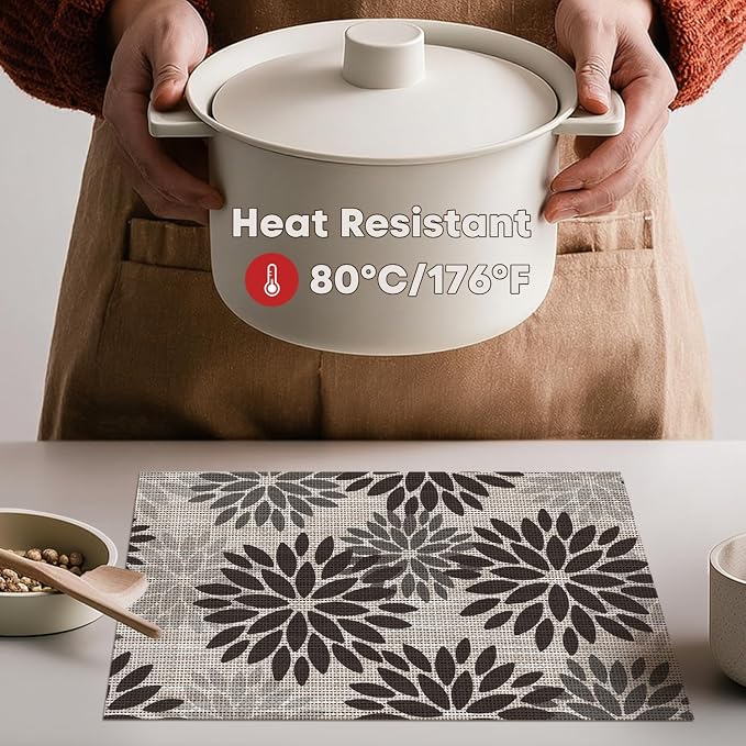 Artoid Mode Floral Vinyl Halloween Placemats Set of 4, Heat Resistant Washable Non-Slip Plastic PVC Place Mats for Party Kitchen Dining Decor, Black