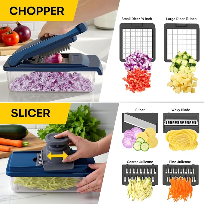 UltraChop All-In-1 Vegetable Chopper, Blue | 12 Blade Heavy Duty, Food Chopper Container, Spiralizer, Mandoline Slicer Onion Mincer, French Fry And Salad Cutter