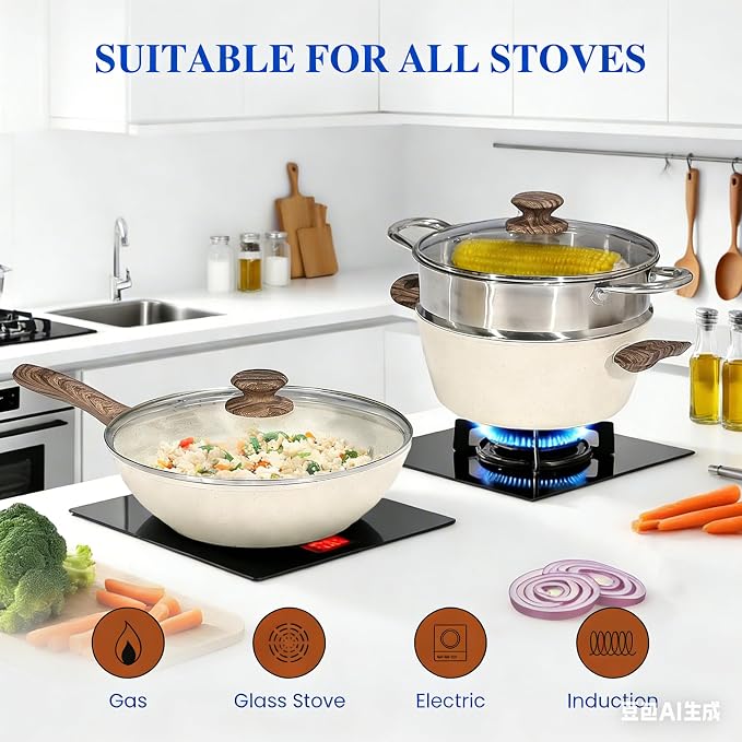 Simple Deluxe 17Pcs Ceramic Cookware Set, Nonstick & Non-Toxic Healthy Pots and Pans, Heat-Resistant Handles, Induction Cookware Sets with Frying Pans, Beige
