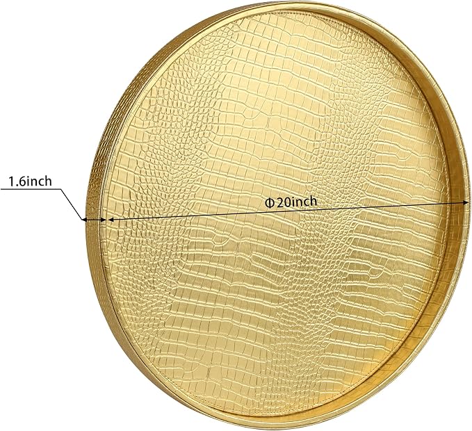 HofferRuffer Round Serving Tray 20'', Elegant Faux Leather Circle Ottoman Table Tray, Serve Tea Coffee Breakfast in Bedroom Living Room Kitchen (Gold, 20")