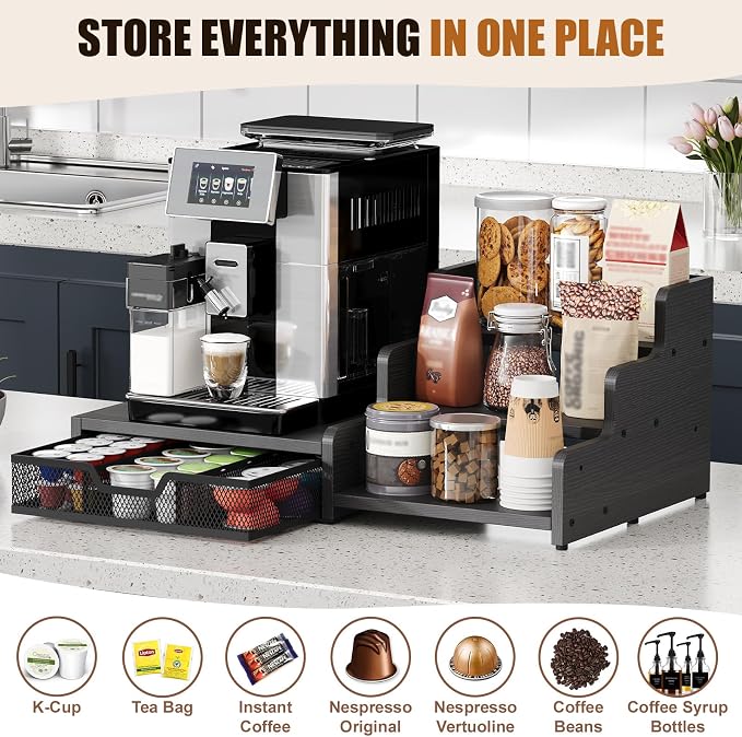 Coffee Station Organizer, 28-Pod K-Cup Holder, Coffee Bar Organizer Black | Coffee Pod Holder Drawer for Countertop,3-Tier Coffee Pod Organizer Stores Pods, Syrups, Cups & Coffee Accessories