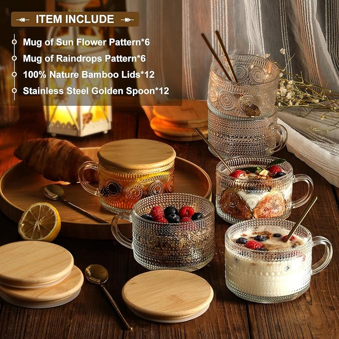 LANDNEOO 12pcs Set Irish Coffee Glasses, Vintage Coffee Mugs, Overnight Oats Containers with Bamboo Lids and Spoons - 14oz Clear Embossed Glass Cups, Cute Coffee Bar Accessories, Iced Coffee Glasses