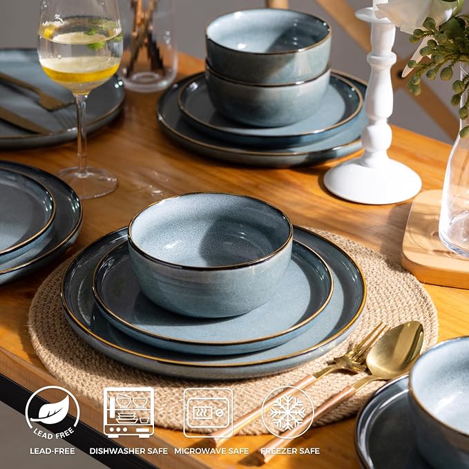 GBHOME Dinnerware Sets for 6, 18 Pieces Ceramic Plates and Bowls Set | Scratch Resistant Stoneware Dishes Set, Dishwasher & Microwave Safe, Reactive Glaze-Space Blue