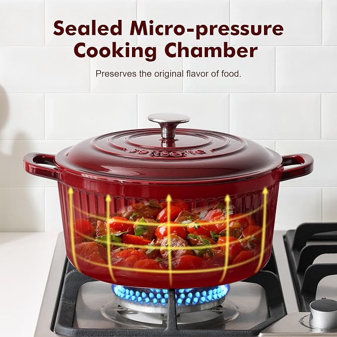 SENSARTE Enameled Cast Iron Dutch Oven Pot with Lid 3.5/5.5/6.5 Quart Heavy-Duty Round Dual Handles Kitchen Pot with Cotton Potholders & Silicone Trivet, Pot for Bread Baking, Stews, Braising, Roasting, Oven Safe, 3.5 Quart, Red
