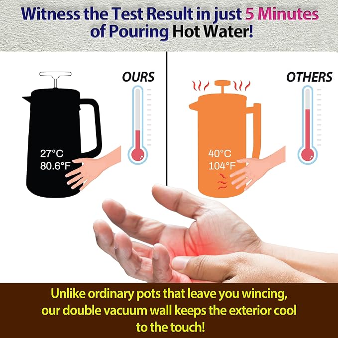 PortableAnd 34oz Double Vacuum Insulation Large Silicone French Press Coffee Maker with Silicone Ring, Stainless Steel, Perfect for Camping, Travel, and At-Home Use (Matte Black)