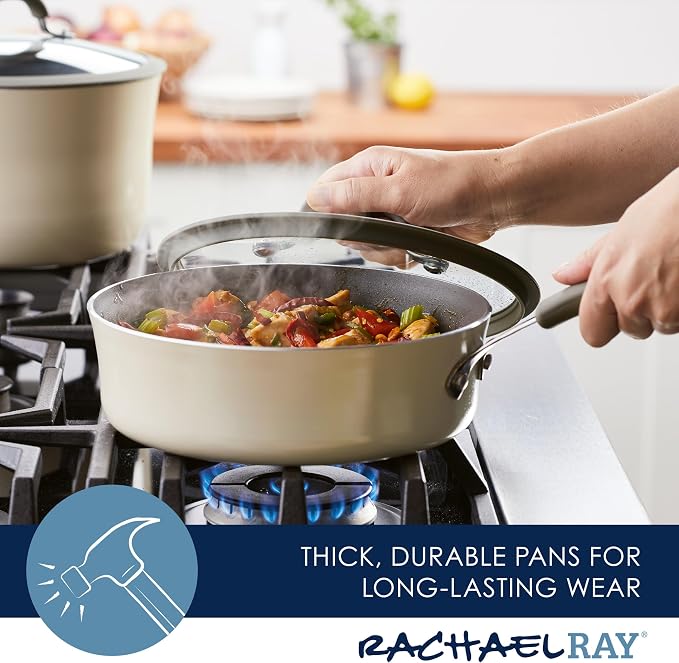 Rachael Ray Cook + Create Nonstick Sauté Pan with Lid, 3 Quart - Almond