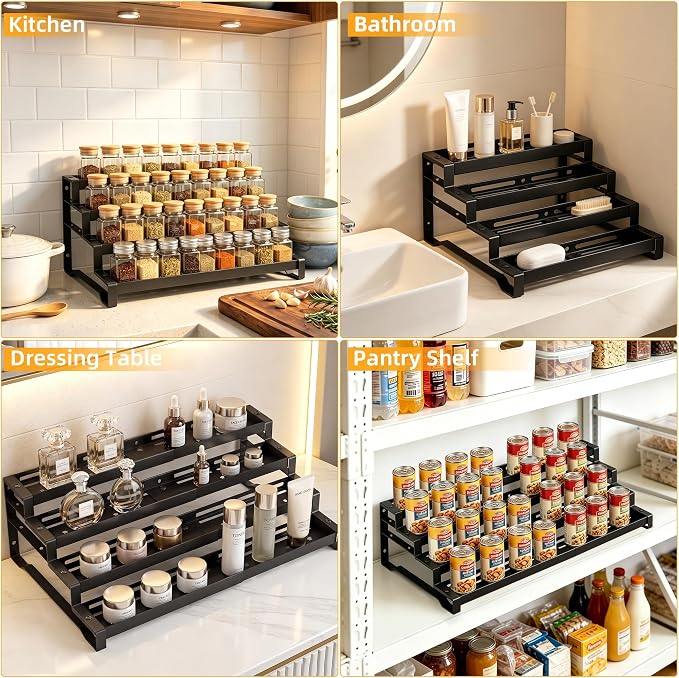 Spice Rack Organizer for Cabinet, 13-21.5" Expandable Spicy Shelf | 11.6" Depth 4-Tier Black Metal Seasoning Organizer, Kitchen Spice Organization, Slip-Resistant Guardrails for Jars and Cans