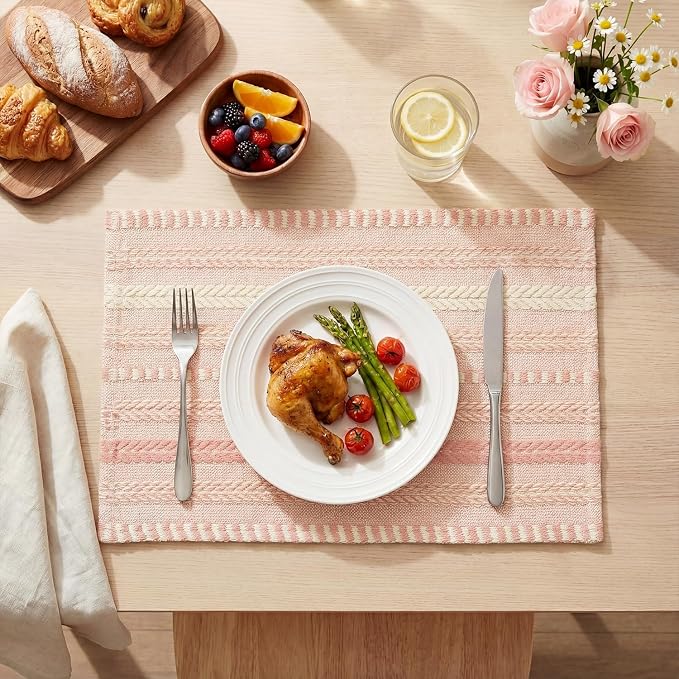 Artoid Mode Pink Farmhouse Woven Braided Stripe Placemats Set of 6,12x18 Inch Seasonal Holiday Table Mats Party Kitchen Dining Decoration