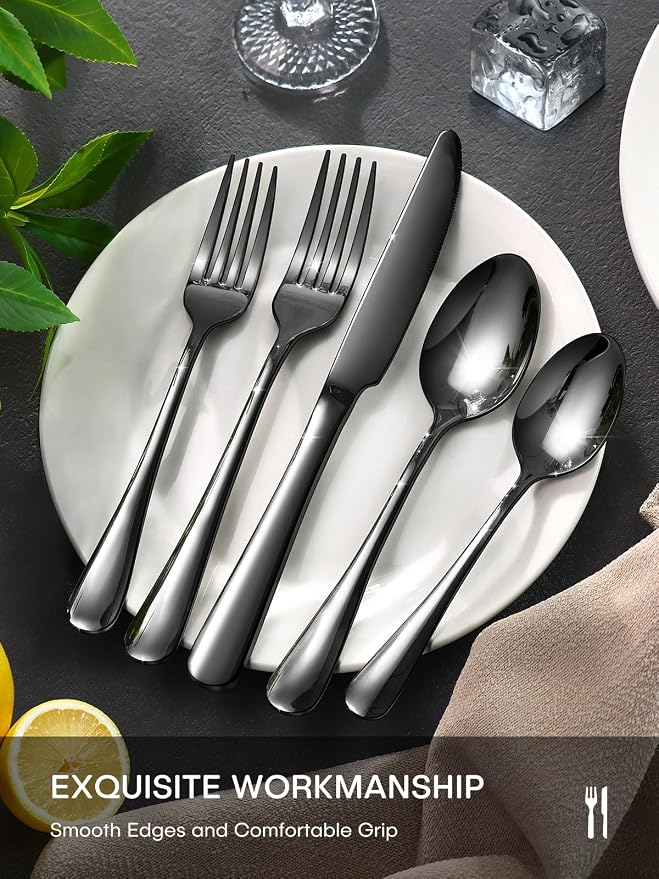 Black Silverware Set, 40 Piece Food-Grade Stainless Steel Flatware Set for 8 Include Spoons Knives and Forks Mirror Polished Rust-proof Modern Design Dishwasher Safe