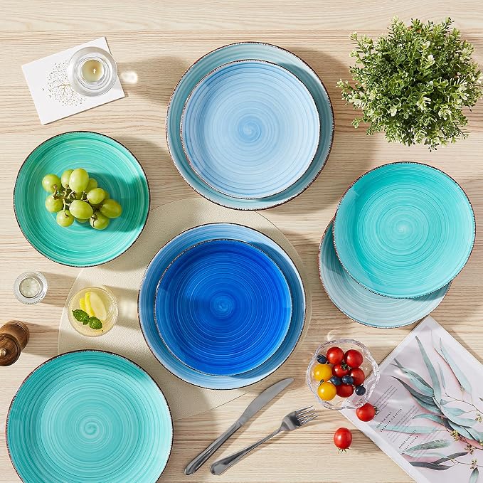 vancasso Bonita 10.5 Inch Ceramic Dinner Plates Set of 6, Cool Colors | Microwave and Oven Safe, Durable Glaze Resists Scratches and Chips, Set of 6 Stackable, Colorful Bonita Design, Salad Plates