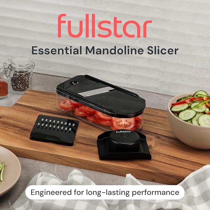Fullstar Essential Mandoline Vegetable Slicer & Julienne Cutter | 2 in 1 Compact Fruit Cutter, Cucumber Slicer & Cheese Grater, with Stainless Steel Blades, Guard & 3-Cup Container (Black)