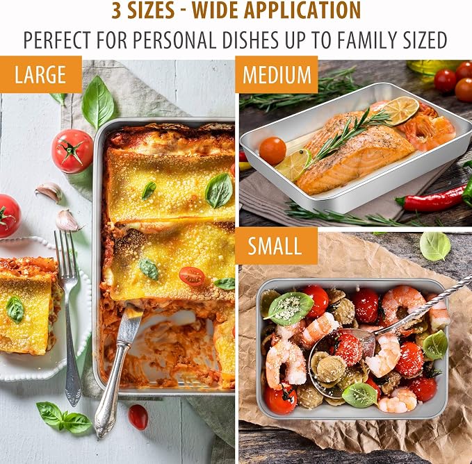 E-far Baking Pans Set of 3, Stainless Steel Sheet Cake Pan for Oven | 12.5/10.5/9.4Inch, Rectangle Bakeware Set for Cake Lasagna Brownie Casserole Cookie, Non-toxic & Healthy, Dishwasher Safe