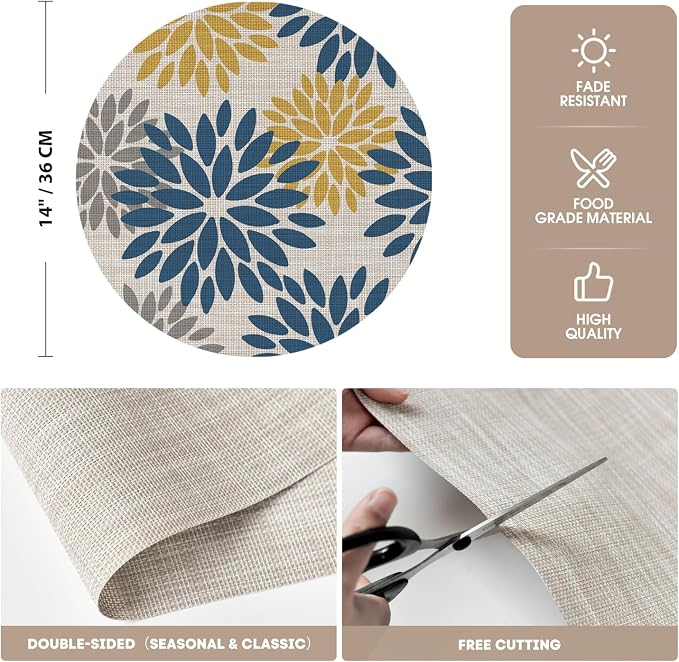 Artoid Mode Navy Yellow Dahlia Plastic Round Placemats Set of 4, 14 Inch Seasonal Wipeable Woven Vinyl Table Mats for Farmhouse Party Kitchen Dining Decor