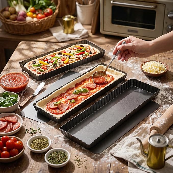 4 Pack Rectangular Tart Pans 14 Inch with Removable Bottom, Nonstick | Easy Demolding Quiche Pie Pan, Tart Pans for Bakeware Cheese Cakes Dessert, Housewife Kitchen Baking Utensils, Christmas Gift
