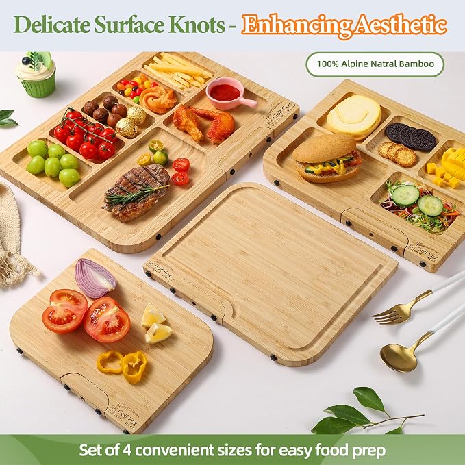 Golffox Wood Cutting Board Set, Bamboo Chopping & Charcuterie for Kitchen | Non Toxic Bamboo Cutting Board with Stand, Built-in Handles, Deep Juice Grooves, for Meat, Vegetables & Fruits, Ready-to-Gift