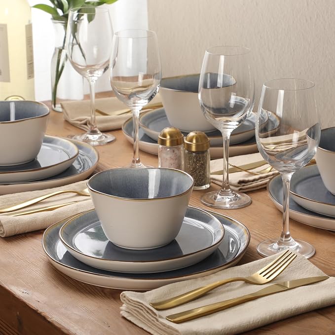 Gibson Elite Algeria River Plates and Bowls Sets, 12-Piece Stoneware Dinnerware Sets, Reactive Glaze Dish Set - Blue