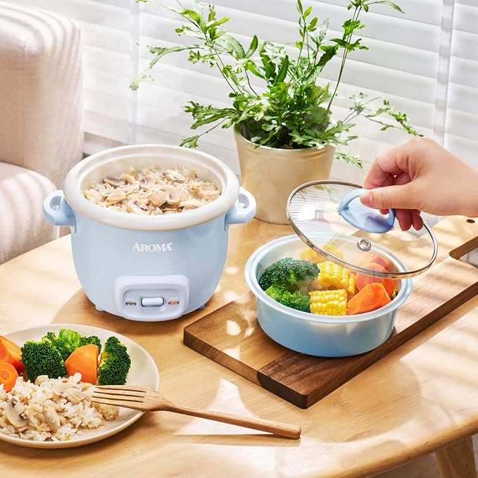 AROMA CoreCoat™ Mini Rice Cooker (3 Cups Cooked) with Nonstick Ceramic Pot Coating, Glass Lid, and Pop-Up Steamer Tray, 0.8 Quart