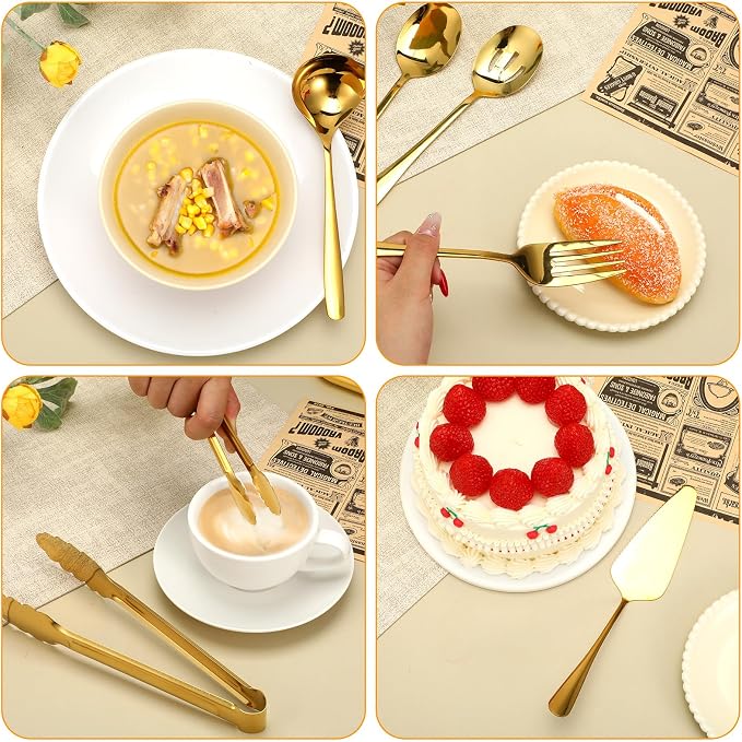 12 Pieces Gold Serving Utensils, Stainless Steel Cooking Utensils Set, Include Serving Spoons, Slotted, Spoons, Forks, 2 Sizes Tongs, Soup Ladle and Pie Cake Server for Kitchen Restaurants Buffet