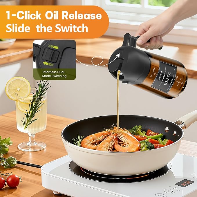 Olive Oil Sprayer & Dispenser for Cooking, 16oz Dark Glass Oil Mister, 2PC | 2-in-1 Oil Sprayer & Pourer, Fine mist, Light-Blocking, Wide Mouth, Easy Refill & Clean, 8 Oil Labels, Reusable, with Scale