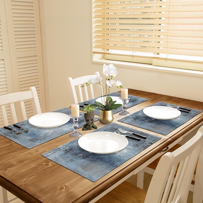 Emvency Farmhouse Placemats Set of 4, 12x18 Inch, Denim Blue | Modern Abstract Art Painting Table Mats for Outdoor Home Party Kitchen Dining Decoration