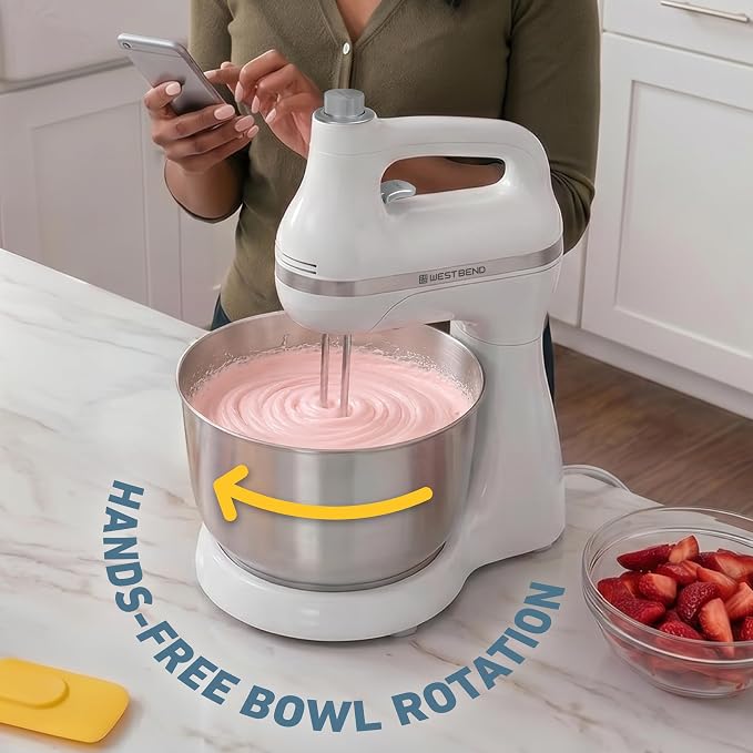 West Bend Two Sweet 2-in-1 Hand & Stand Mixer, 11 Speeds with Turbo Boost, 4.4 Qt Rotating Bowl, Dough Hooks, Beaters & Whisk, Tilt-Head Design, 550 Peak Watts, White
