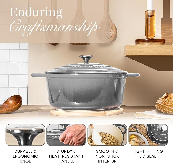 Cast Iron Dutch Oven with Lid - Non-Stick Ovenproof Enamelled Casserole Pot- Sturdy Dutch Oven Cookware - Grey, 7.3- Quart, 30cm- by Nuovva