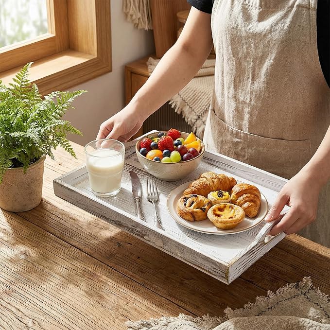 2 Pack Wood Serving Tray, 16.5" Ottoman Wooden Trays for Coffee Table, Farmhouse Vintage Decorative Tray Platter with Cutout Handle for Eating, Breakfast, Rectangle, 16.5" L x 11" W