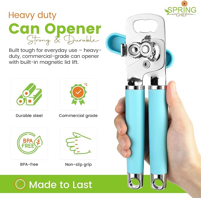 Spring Chef Stainless Steel Manual Can Opener w/Soft Grip Handle, Aqua Sky | Heavy Duty Hand Can Opener for Seniors with Smooth Edge, Easy Turn, 3in1 Can Opener with Magnetic Lid Remover & Bottle Opener
