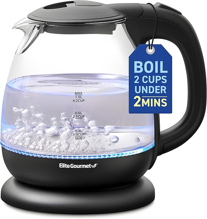 Elite Gourmet EKT1001 1.0L Glass Kettle, 1100W, Cordless Base, Black | BPA-Free Glass, Blue LED Interior, 360° Base, Auto Shut-Off Function, Quickly Boil Water for Tea & More