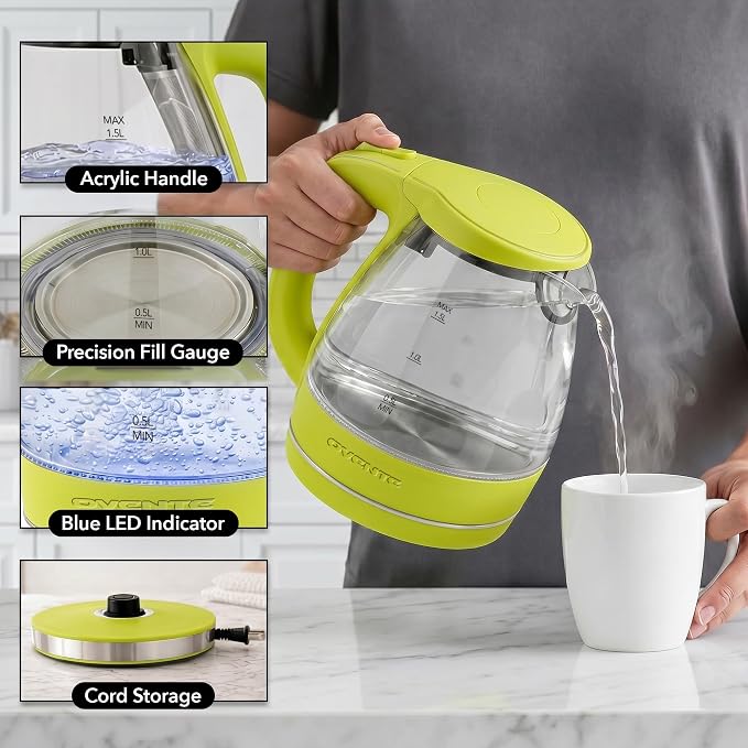 OVENTE 1.5L Glass Electric Kettle Water Boiler, Green KG83G | 1100W Fast Boiling, Borosilicate Glass, BPA-Free, Blue LED, Auto Shut-Off, Boil-Dry Protection, Removable Filter, 360° Base