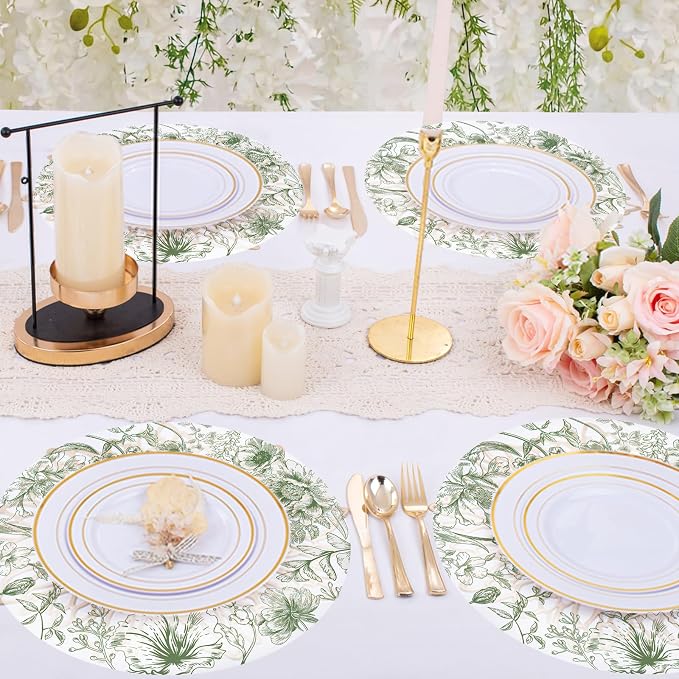 50 Pack Paper Placemats Disposable Green Floral Placemats 13.7 Inch Vintage Sage Green Flower Place Mats Chinoiserie Round Table Mats for Dinner Table Setting Birthday Wedding Party Supplies