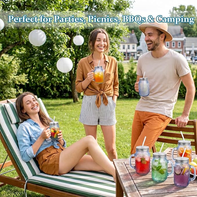 DaYammi 6 Pack 24oz Hobnail Mason Jars Cups Drinking Glass Cups with Lids & Straws, Blue Wide Mouth Mason Jars Cups with Handle, Tumblers for Coffee Smoothies, Iced Tea, Juice, Beer, Cocktail, Whiskey