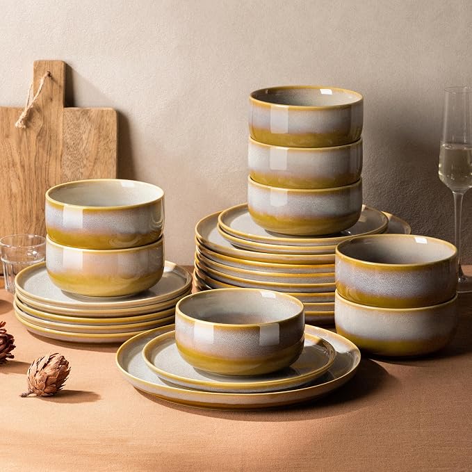 Ceramic Dinnerware Set for 8, 24-Piece Plates and Bowls Set | Handmade Reactive Glaze Dish Set, Scratch Resistant, Oven & Microwave & Dishwasher Safe, Autumn Haze