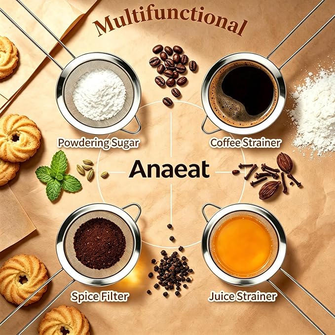 Anaeat Fine Mesh Strainers - Premium Stainless Steel Colander Sieve Sifters, with Durable Mesh and Sturdy Handle, Excellent for Sifting Dry ingredients, Flour, Pastas, Rice, Tea (4.73"）